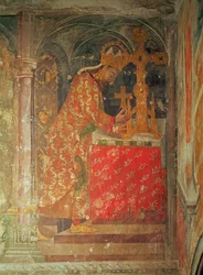 Der Heilige Römische Kaiser Karl IV. legt die Reliquie des Dorns aus der Krone Christi in ein Reliquiar, aus der Kapelle Unserer Lieben Frau, 1357-60